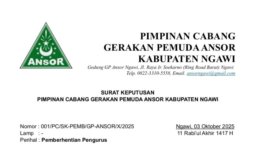 PC GP Ansor Kabupaten Ngawi Resmi Berhentikan Wakil Bendahara Agus Black Hoe Budianto